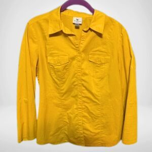 Worthington Bold Yellow Stretch Button-Down Shirt Pockets, 3/4 Sleeve, Medium